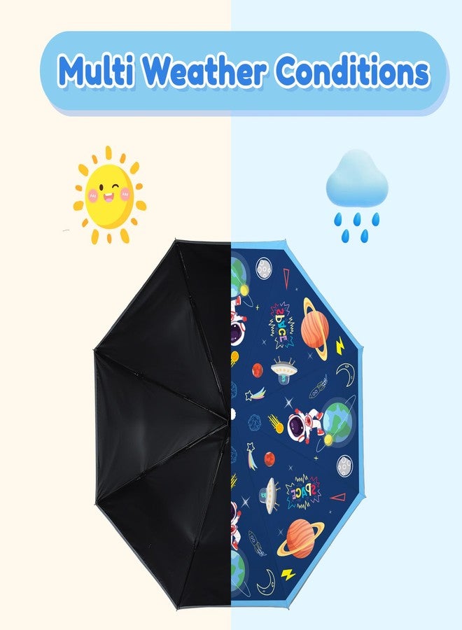 alldomess Autoamtic Kids Umbrella UV Resistant, Folding Compact Umbrella 360° Reflective Strip for Travel Outdoor, Lightweight Cute Kids Parasol Anti-rebound Safe for Toddler,Blue Astronaut - Image 2